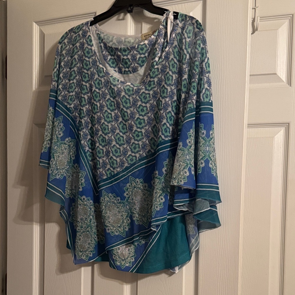 *Blue and Green Patterned Poncho Top